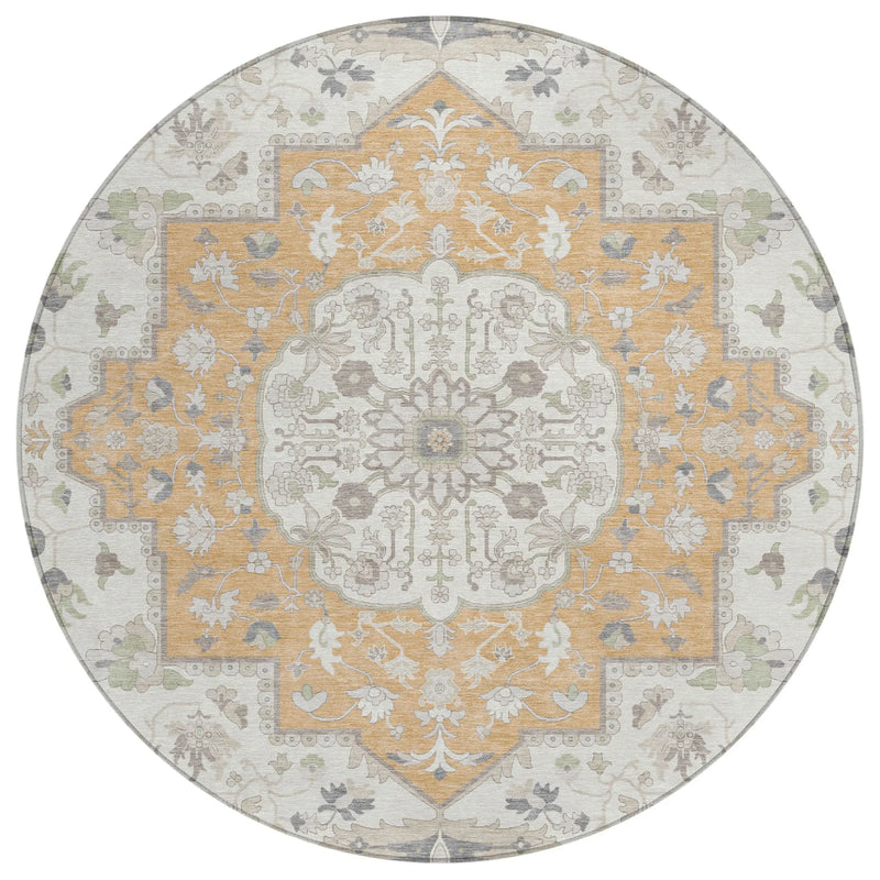 8' Peach And Gold Round Oriental Washable Indoor Outdoor Area Rug Homeroots Outdoor