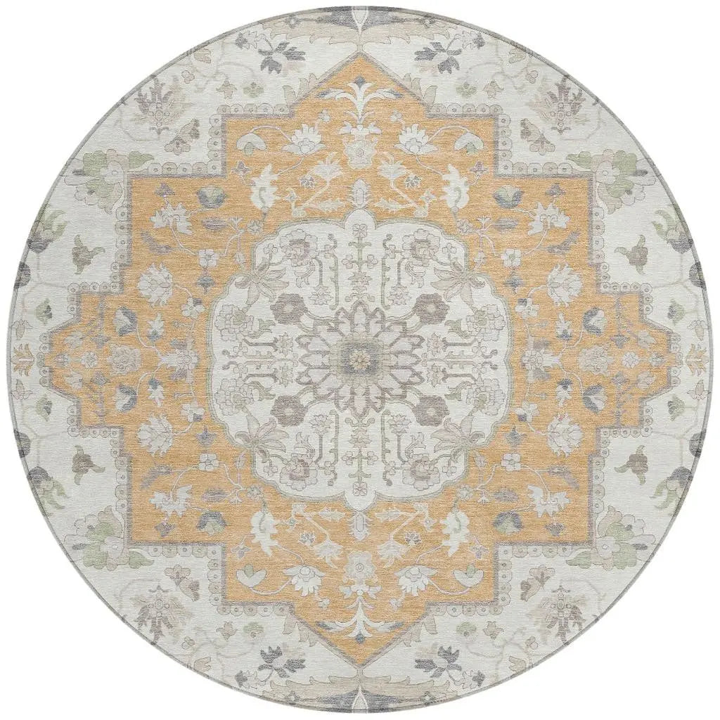 8' Peach And Gold Round Oriental Washable Indoor Outdoor Area Rug Homeroots Outdoor