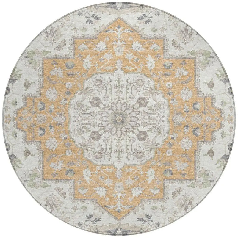 8' Peach And Gold Round Oriental Washable Indoor Outdoor Area Rug Homeroots Outdoor