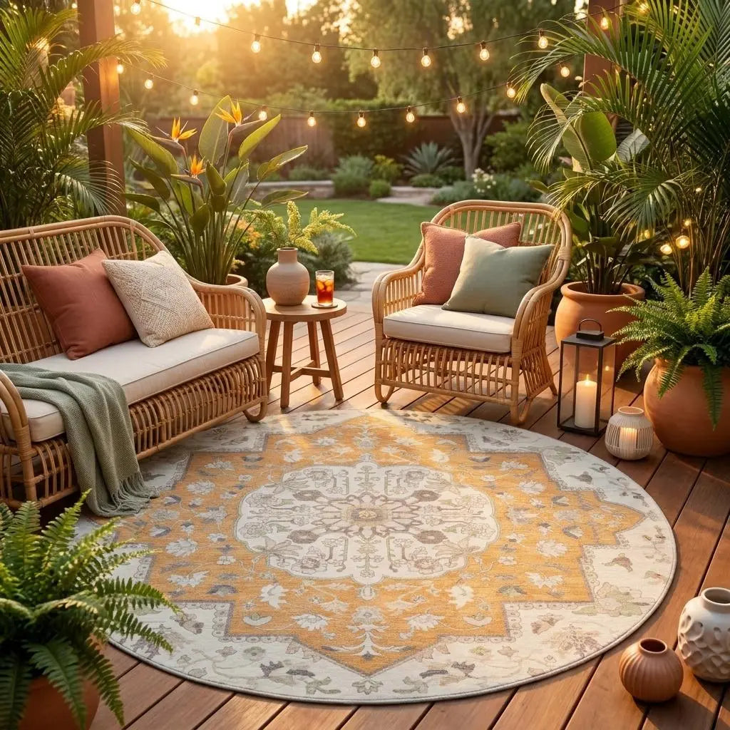 8' Peach And Gold Round Oriental Washable Indoor Outdoor Area Rug Homeroots Outdoor