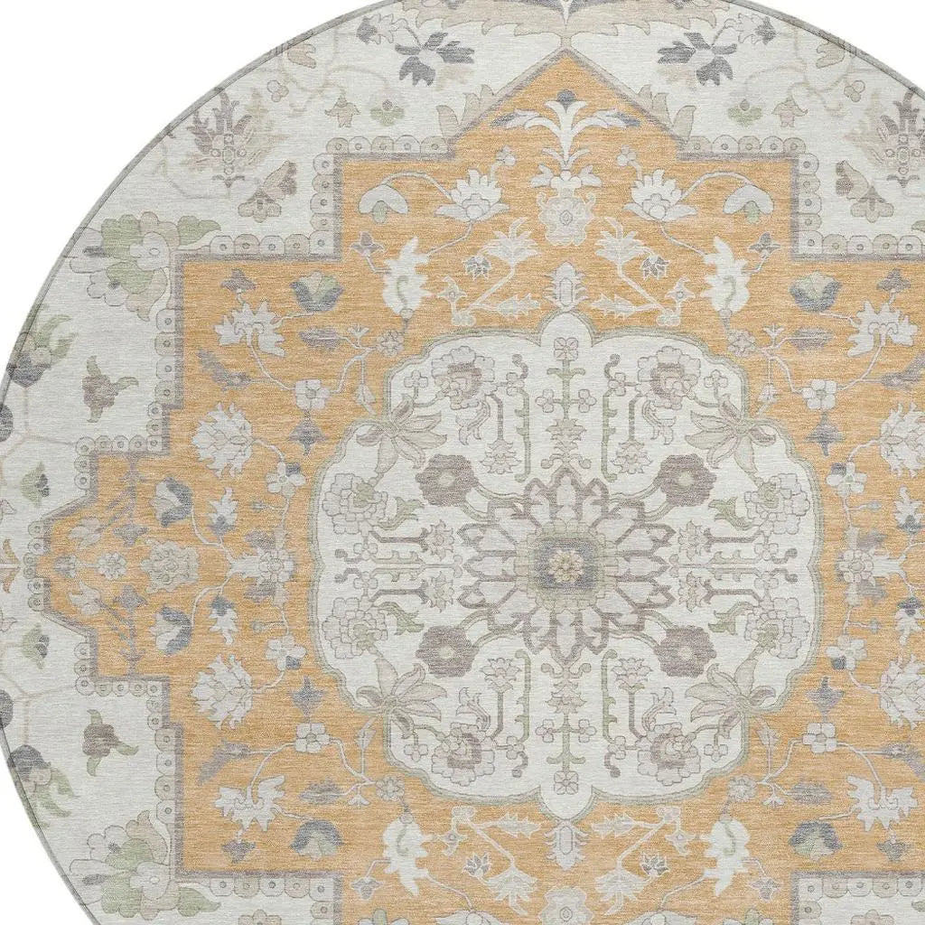 8' Peach And Gold Round Oriental Washable Indoor Outdoor Area Rug Homeroots Outdoor