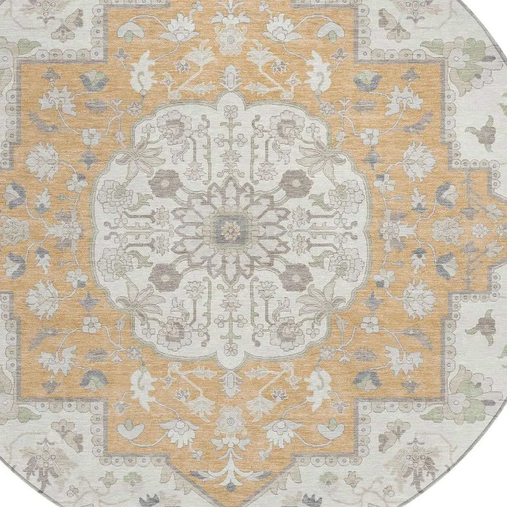 8' Peach And Gold Round Oriental Washable Indoor Outdoor Area Rug Homeroots Outdoor