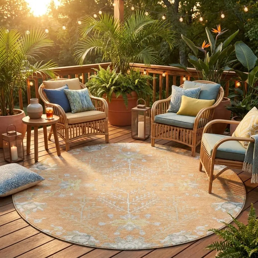 8' Peach And Ivory Round Oriental Washable Indoor Outdoor Area Rug Homeroots Outdoor