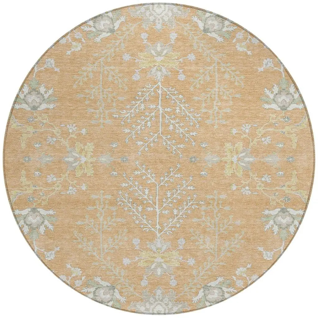 8' Peach And Ivory Round Oriental Washable Indoor Outdoor Area Rug Homeroots Outdoor