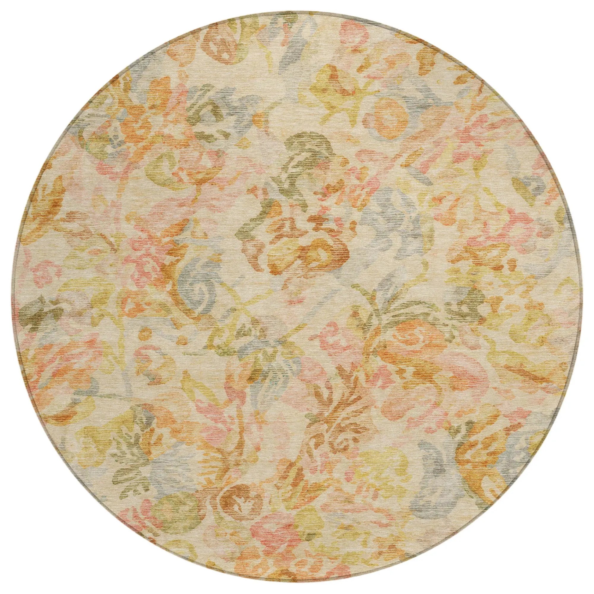 8' Peach And Orange Round Floral Washable Indoor Outdoor Area Rug Homeroots Outdoor