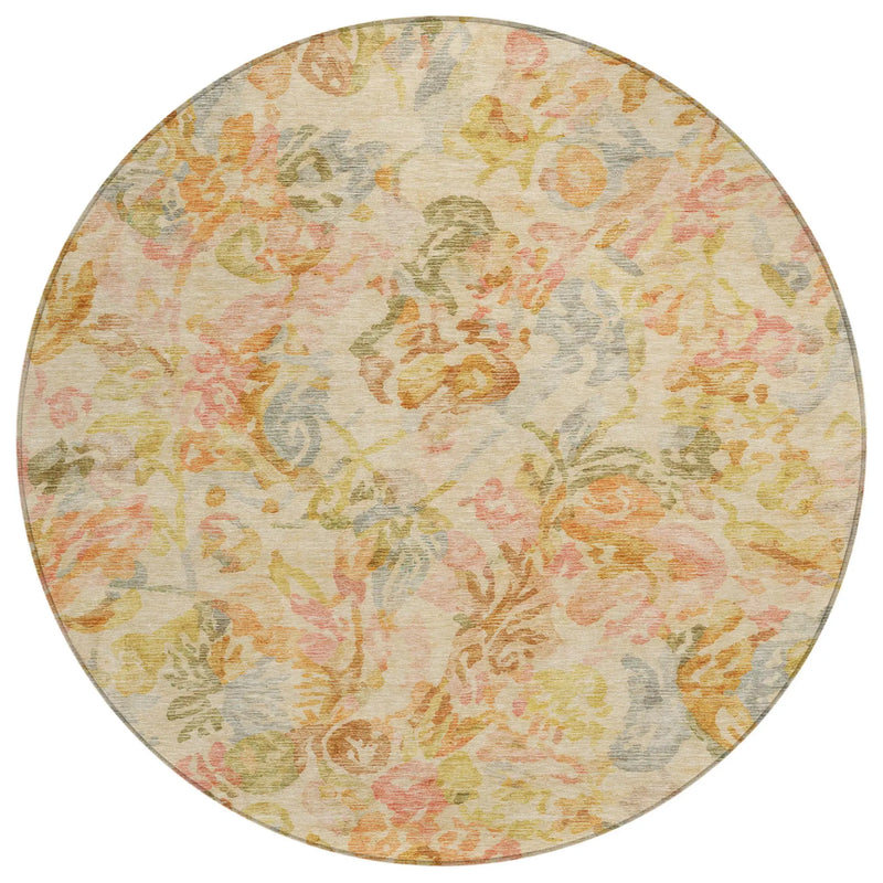 8' Peach And Orange Round Floral Washable Indoor Outdoor Area Rug Homeroots Outdoor