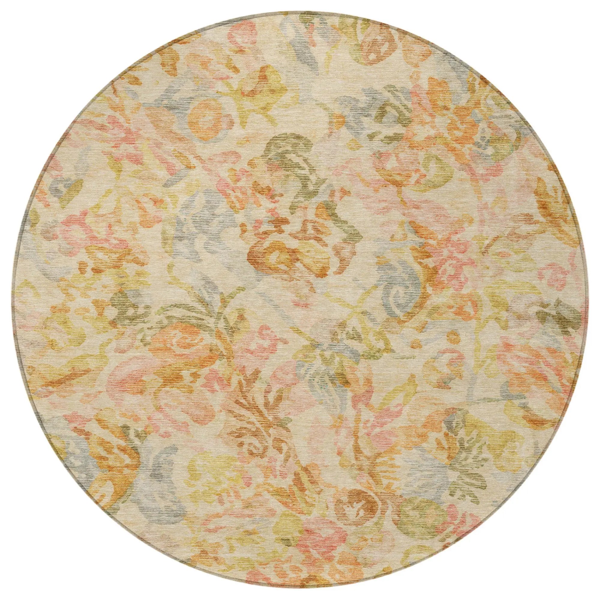 8' Peach And Orange Round Floral Washable Indoor Outdoor Area Rug Homeroots Outdoor