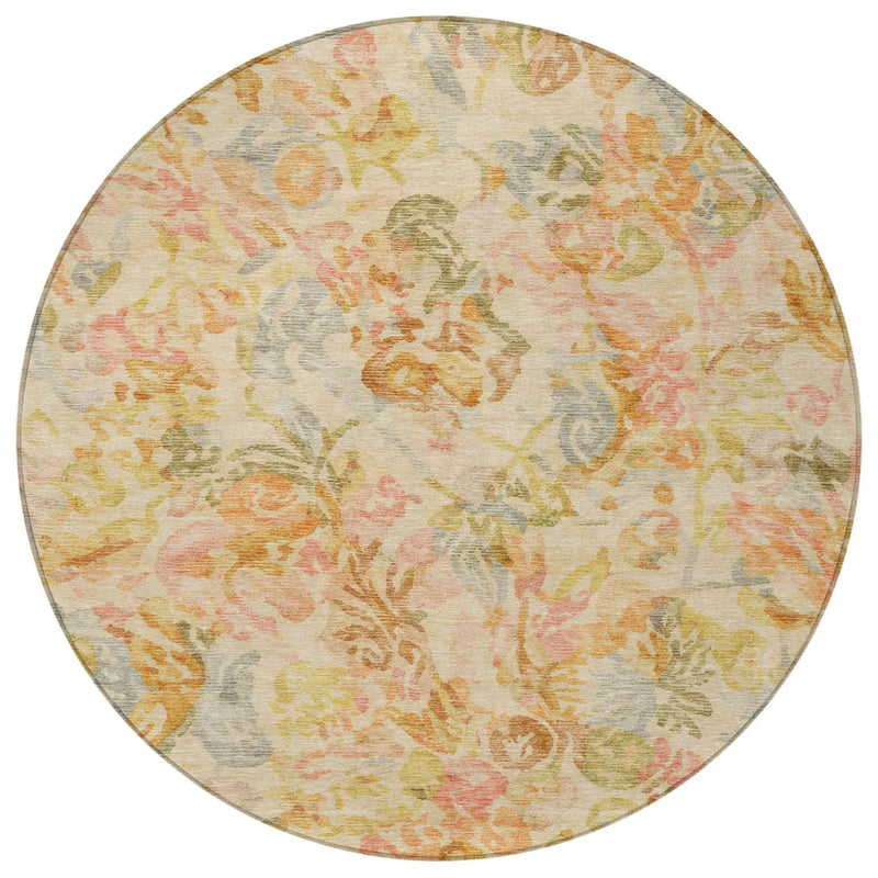 8' Peach And Orange Round Floral Washable Indoor Outdoor Area Rug Homeroots Outdoor