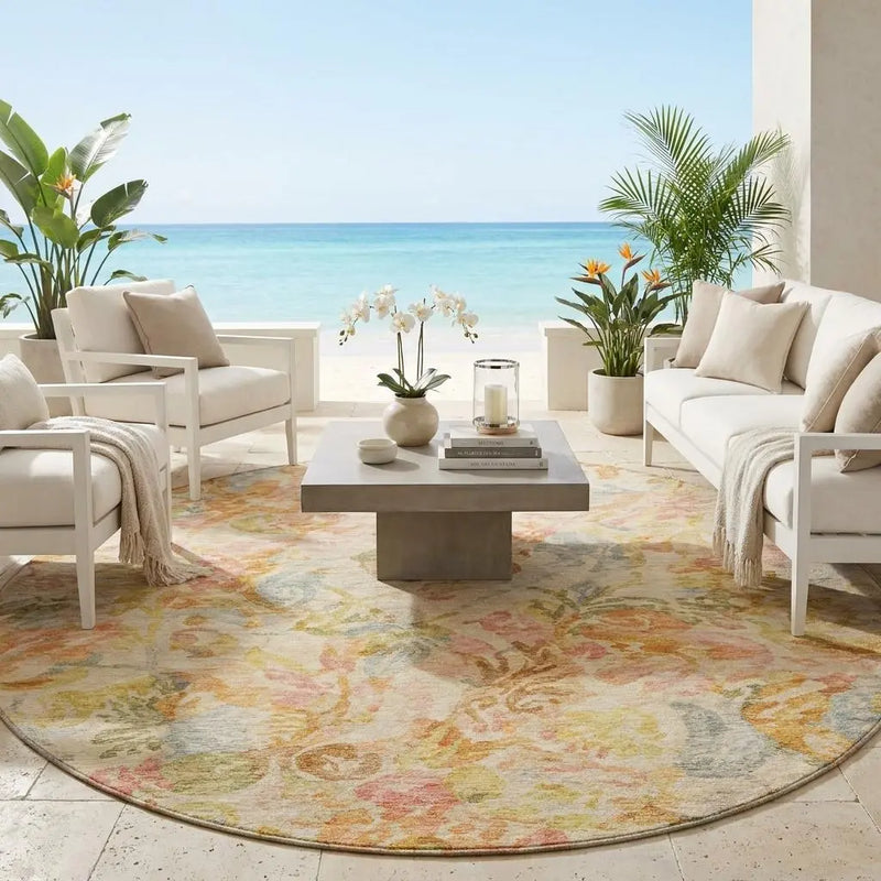 8' Peach And Orange Round Floral Washable Indoor Outdoor Area Rug Homeroots Outdoor