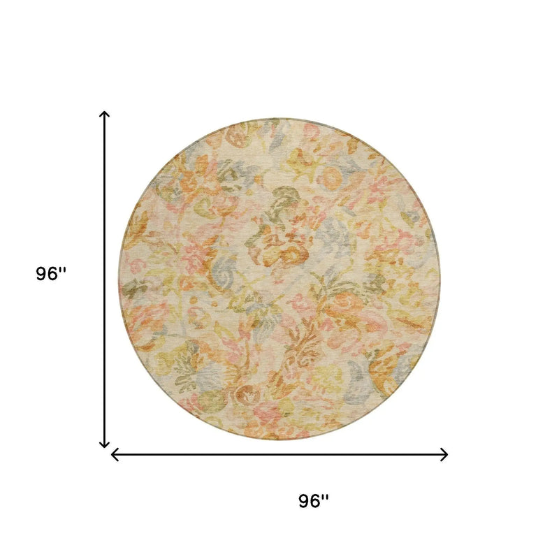 8' Peach And Orange Round Floral Washable Indoor Outdoor Area Rug Homeroots Outdoor