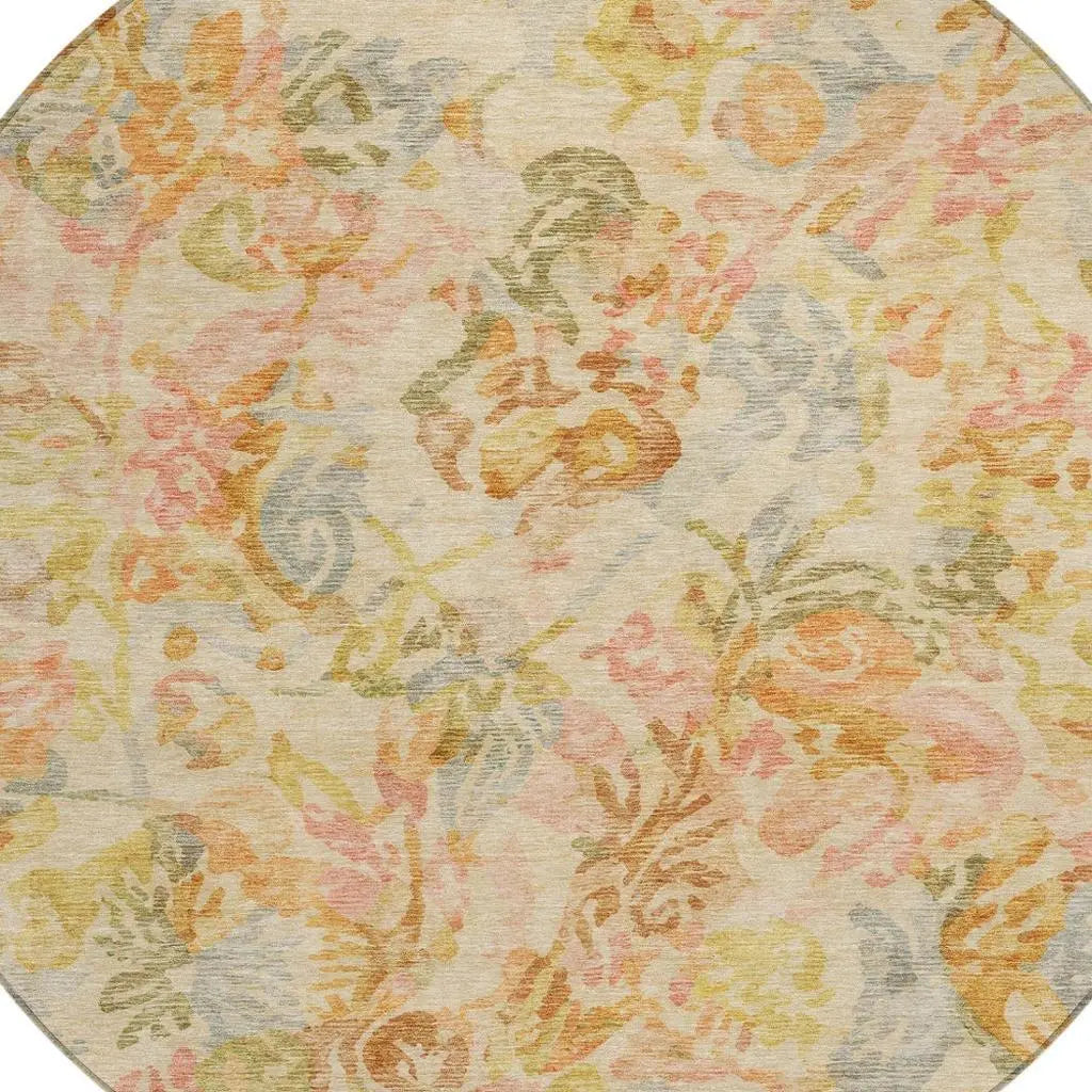 8' Peach And Orange Round Floral Washable Indoor Outdoor Area Rug Homeroots Outdoor