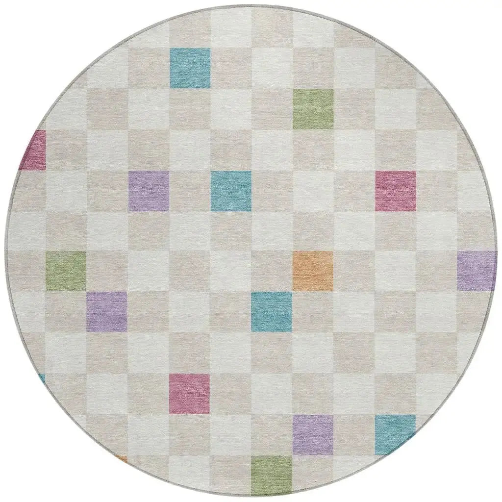 8' Pearl And Ivory Round Geometric Washable Indoor Outdoor Area Rug Homeroots Outdoor