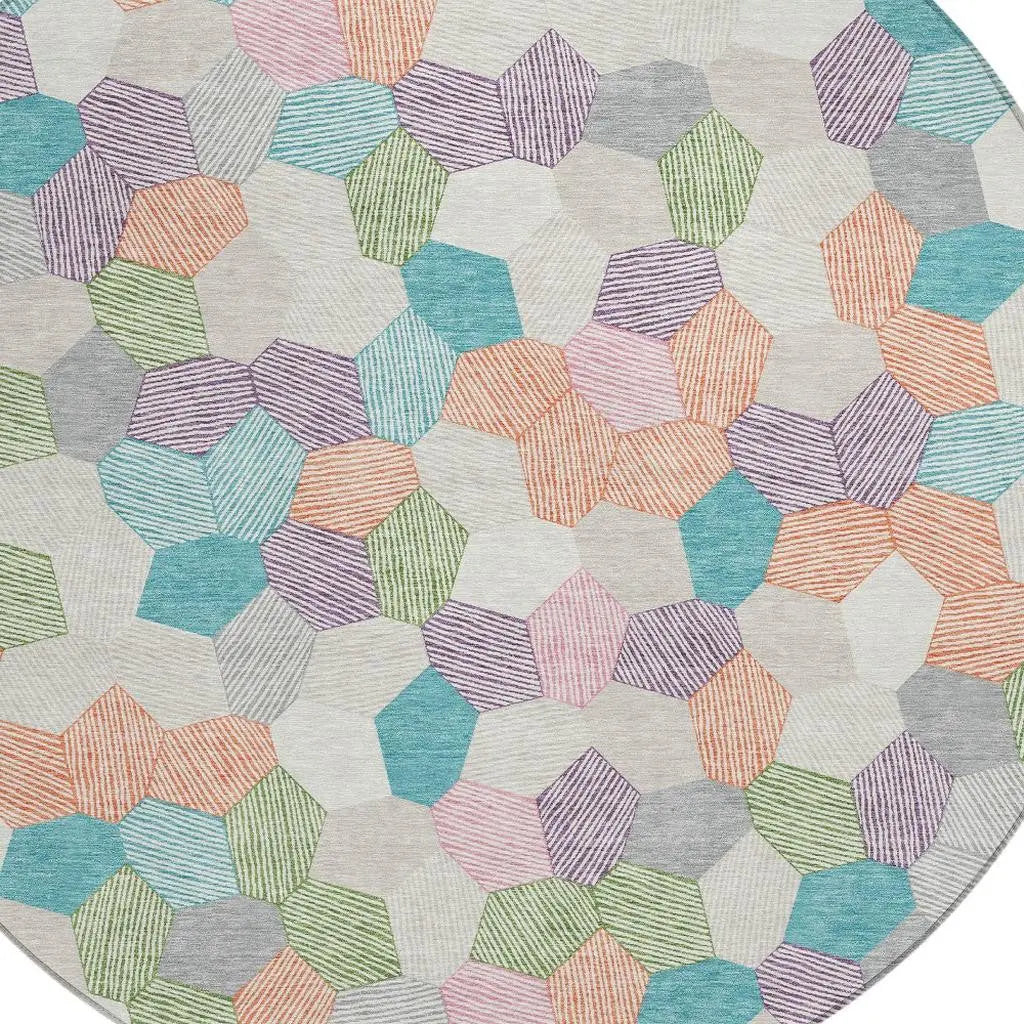 8' Pearl And Ivory Round Geometric Washable Indoor Outdoor Area Rug Homeroots Outdoor