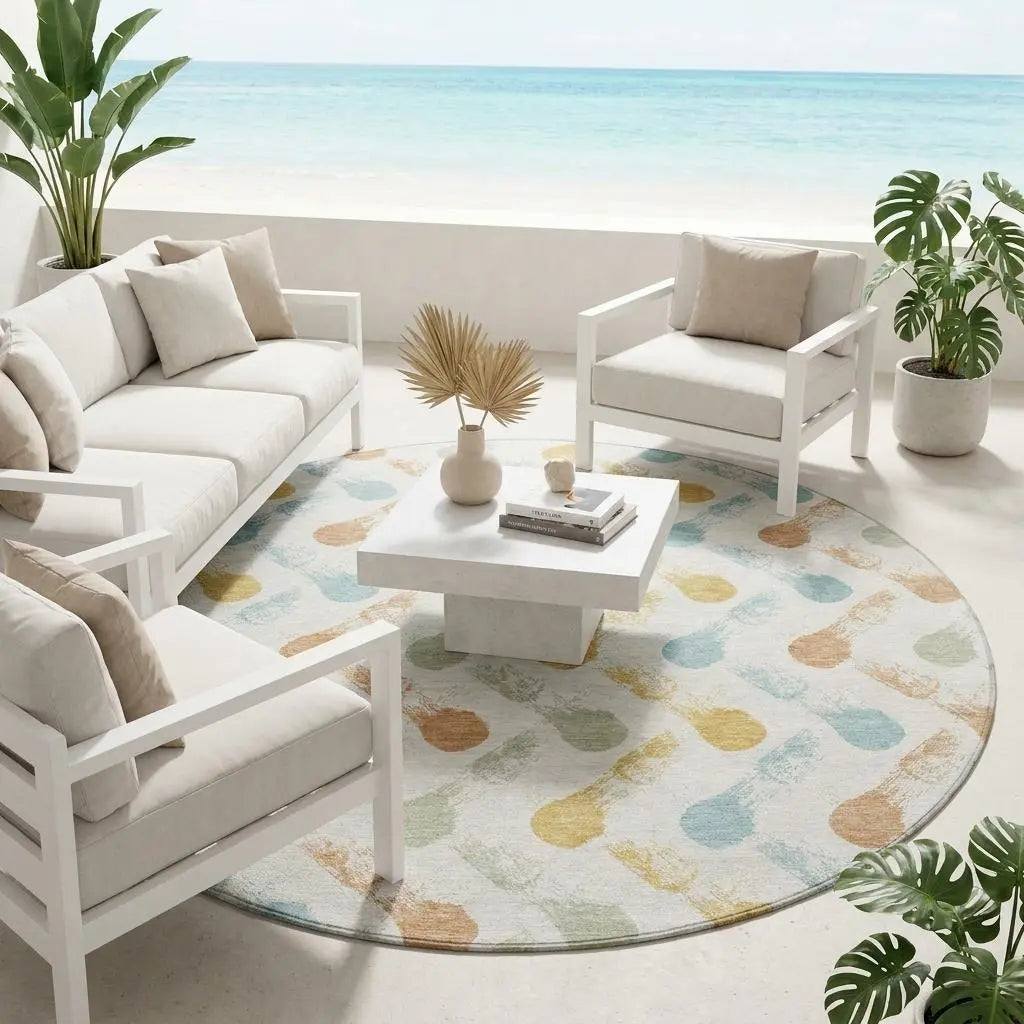 8' Pearl And Ivory Round Geometric Washable Indoor Outdoor Area Rug Homeroots Outdoor
