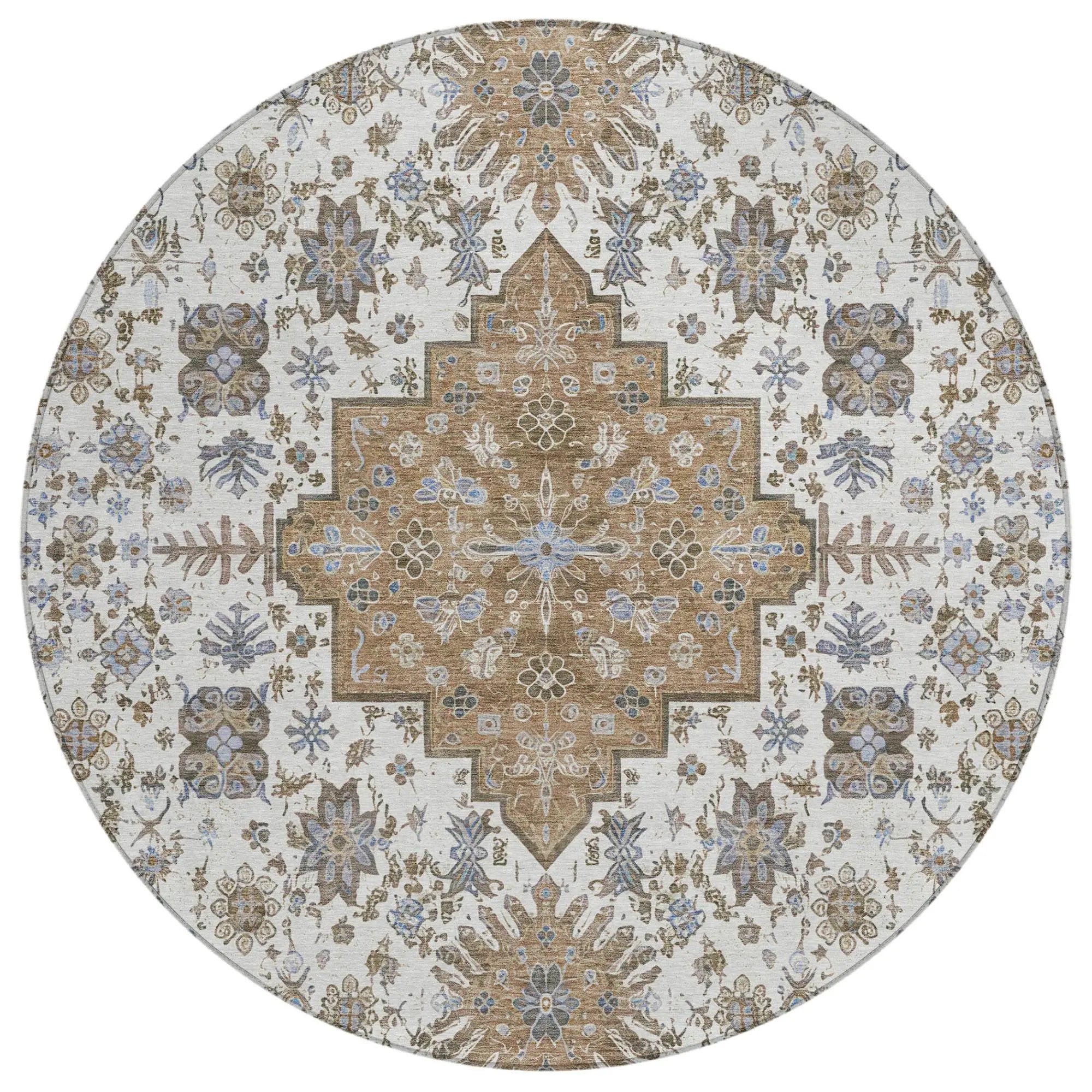 8' Pearl And Ivory Round Oriental Washable Indoor Outdoor Area Rug Homeroots Outdoor