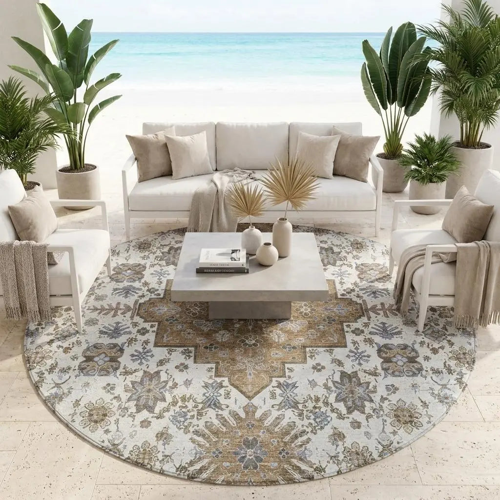 8' Pearl And Ivory Round Oriental Washable Indoor Outdoor Area Rug Homeroots Outdoor