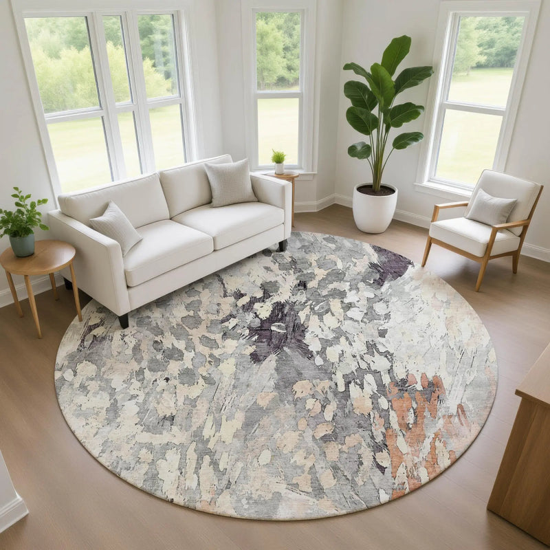 8' Pewter And Gray Round Abstract Washable Indoor Outdoor Area Rug Homeroots Outdoor