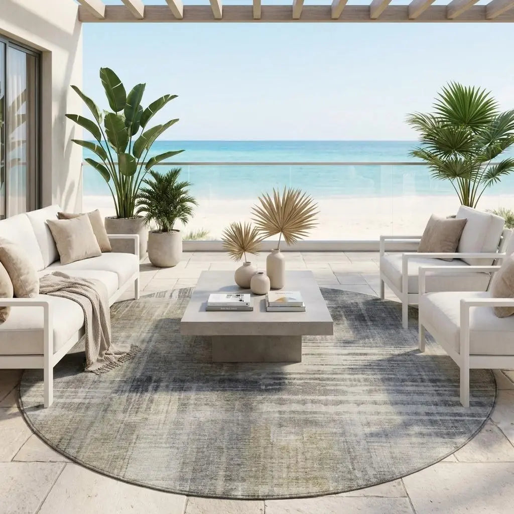 8' Pewter And Gray Round Abstract Washable Indoor Outdoor Area Rug Homeroots Outdoor