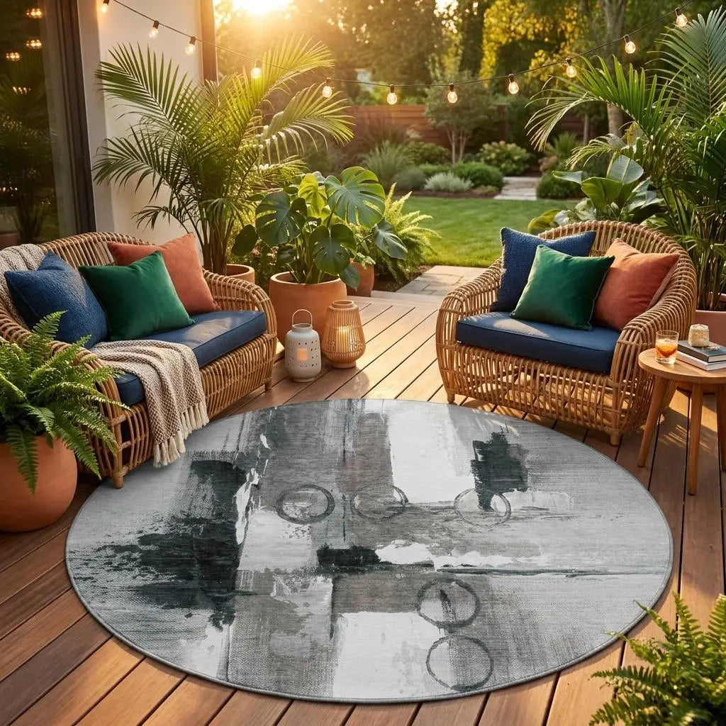 8' Pewter And Gray Round Abstract Washable Indoor Outdoor Area Rug Homeroots Outdoor