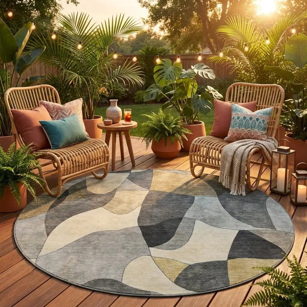 8' Pewter And Gray Round Abstract Washable Indoor Outdoor Area Rug Homeroots Outdoor