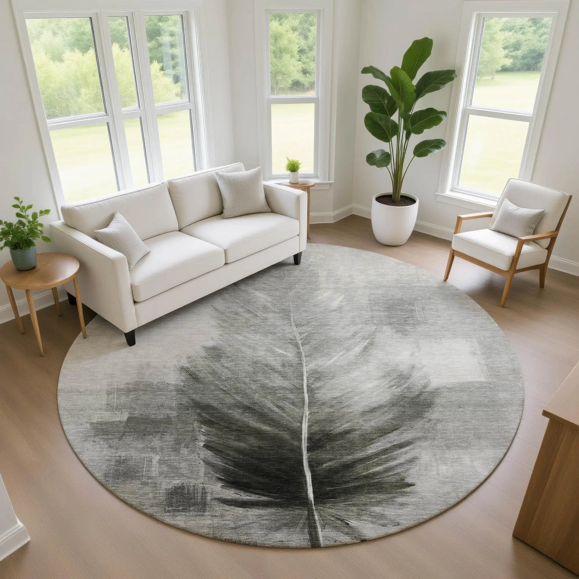 8' Pewter And Gray Round Botanical Leaves Washable Indoor Outdoor Area Rug Homeroots Outdoor