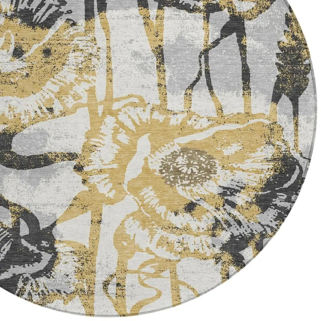 8' Pewter And Gray Round Floral Washable Indoor Outdoor Area Rug Homeroots Outdoor