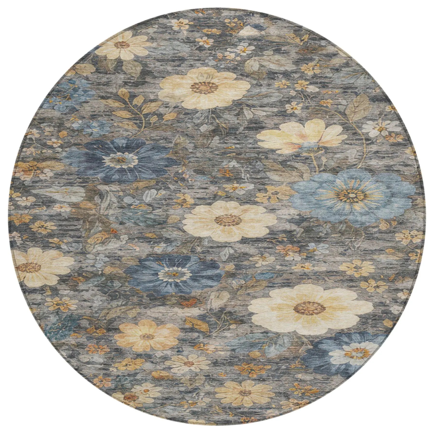 8' Pewter And Gray Round Floral Washable Indoor Outdoor Area Rug Homeroots Outdoor