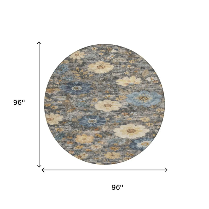 8' Pewter And Gray Round Floral Washable Indoor Outdoor Area Rug Homeroots Outdoor