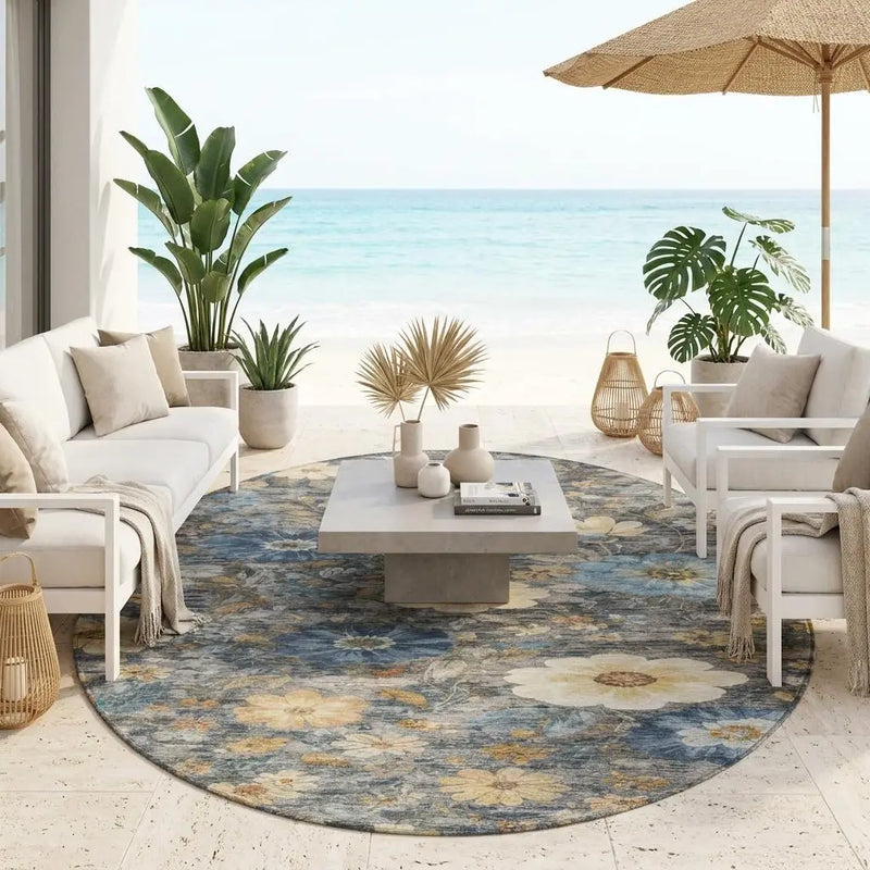 8' Pewter And Gray Round Floral Washable Indoor Outdoor Area Rug Homeroots Outdoor