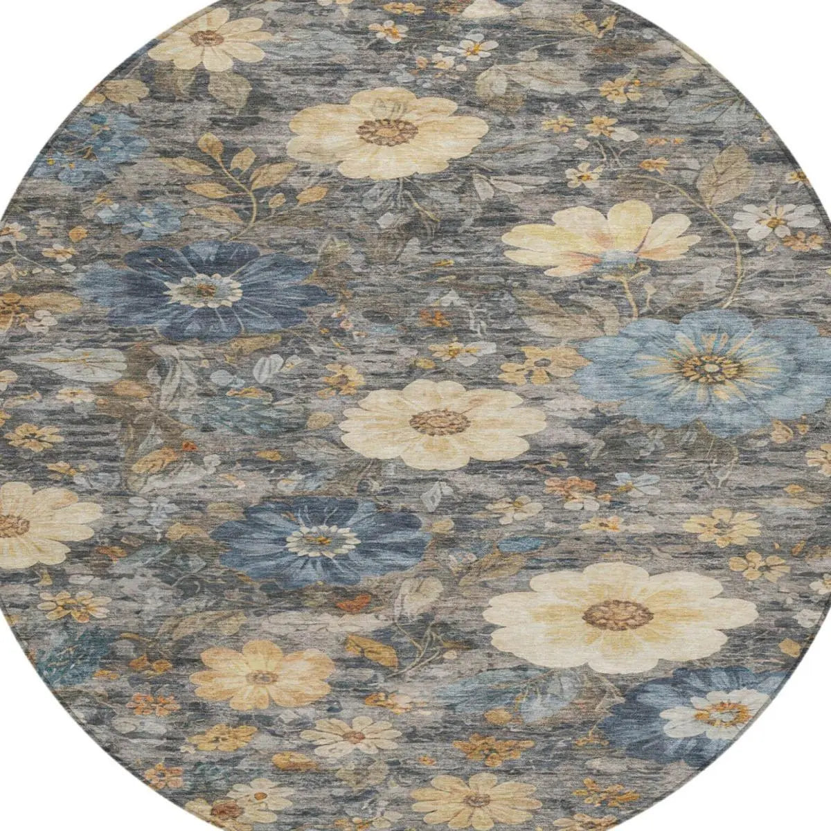 8' Pewter And Gray Round Floral Washable Indoor Outdoor Area Rug Homeroots Outdoor
