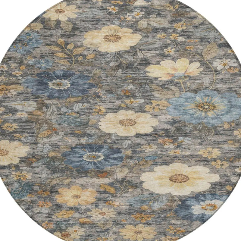 8' Pewter And Gray Round Floral Washable Indoor Outdoor Area Rug Homeroots Outdoor