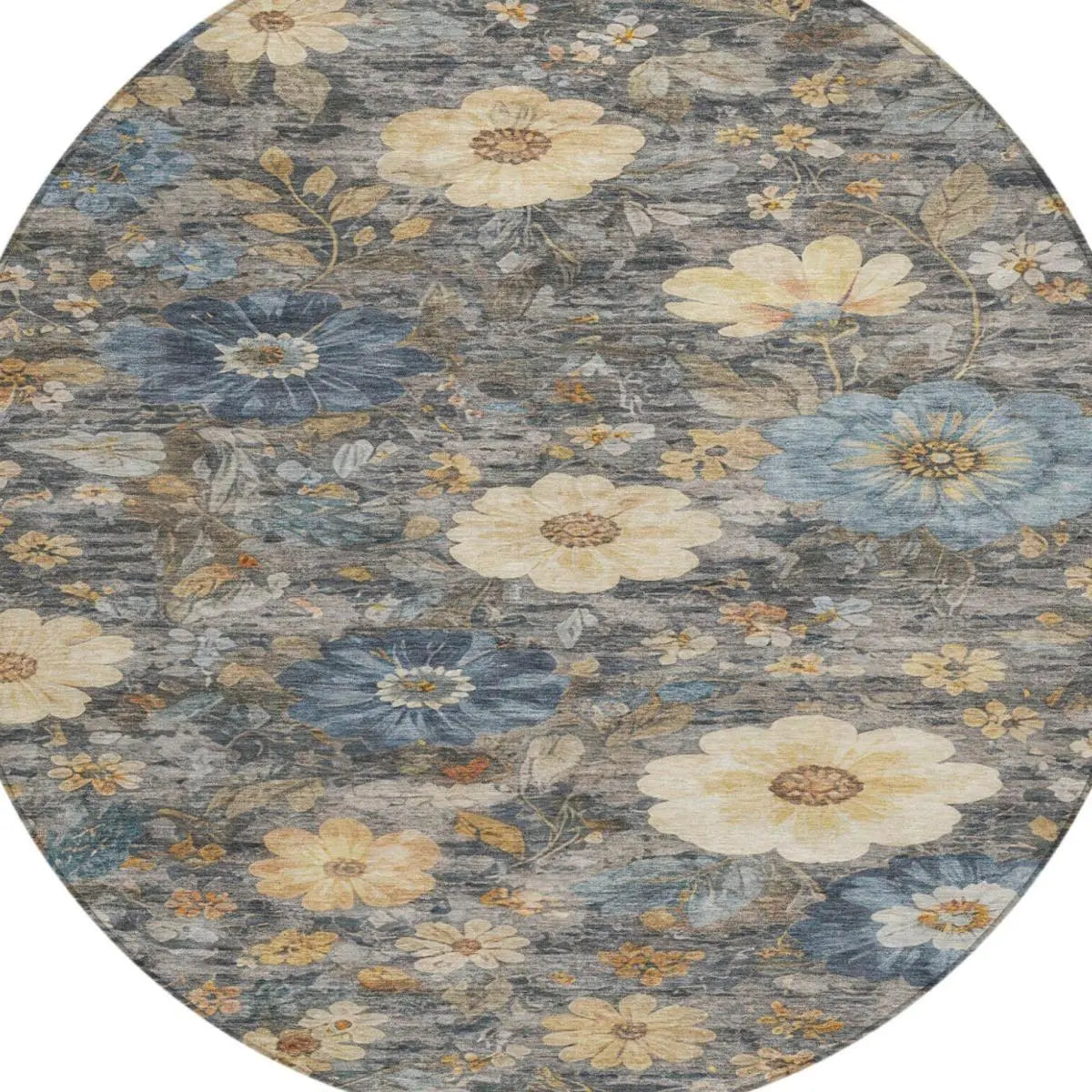 8' Pewter And Gray Round Floral Washable Indoor Outdoor Area Rug Homeroots Outdoor