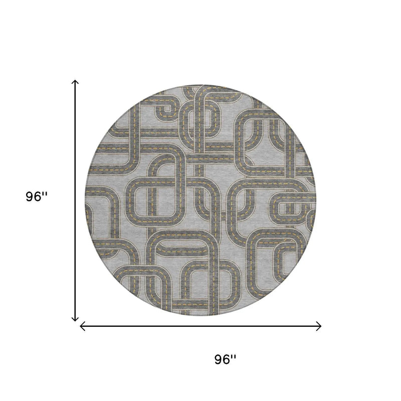 8' Pewter And Gray Round Geometric Washable Indoor Outdoor Area Rug Homeroots Outdoor