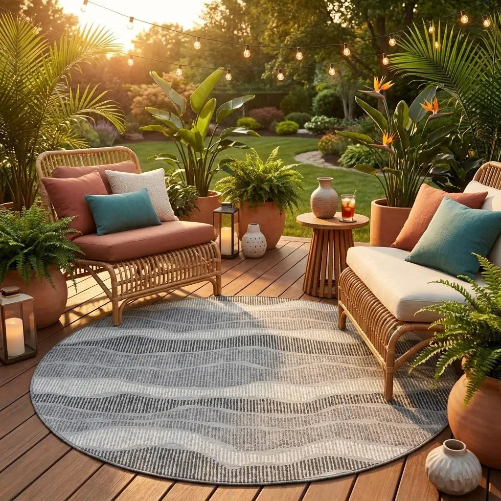 8' Pewter And Gray Round Striped Washable Indoor Outdoor Area Rug Homeroots Outdoor