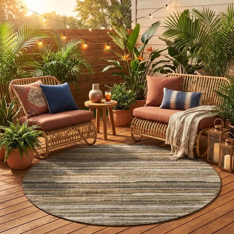 8' Pewter And Gray Round Striped Washable Indoor Outdoor Area Rug Homeroots Outdoor