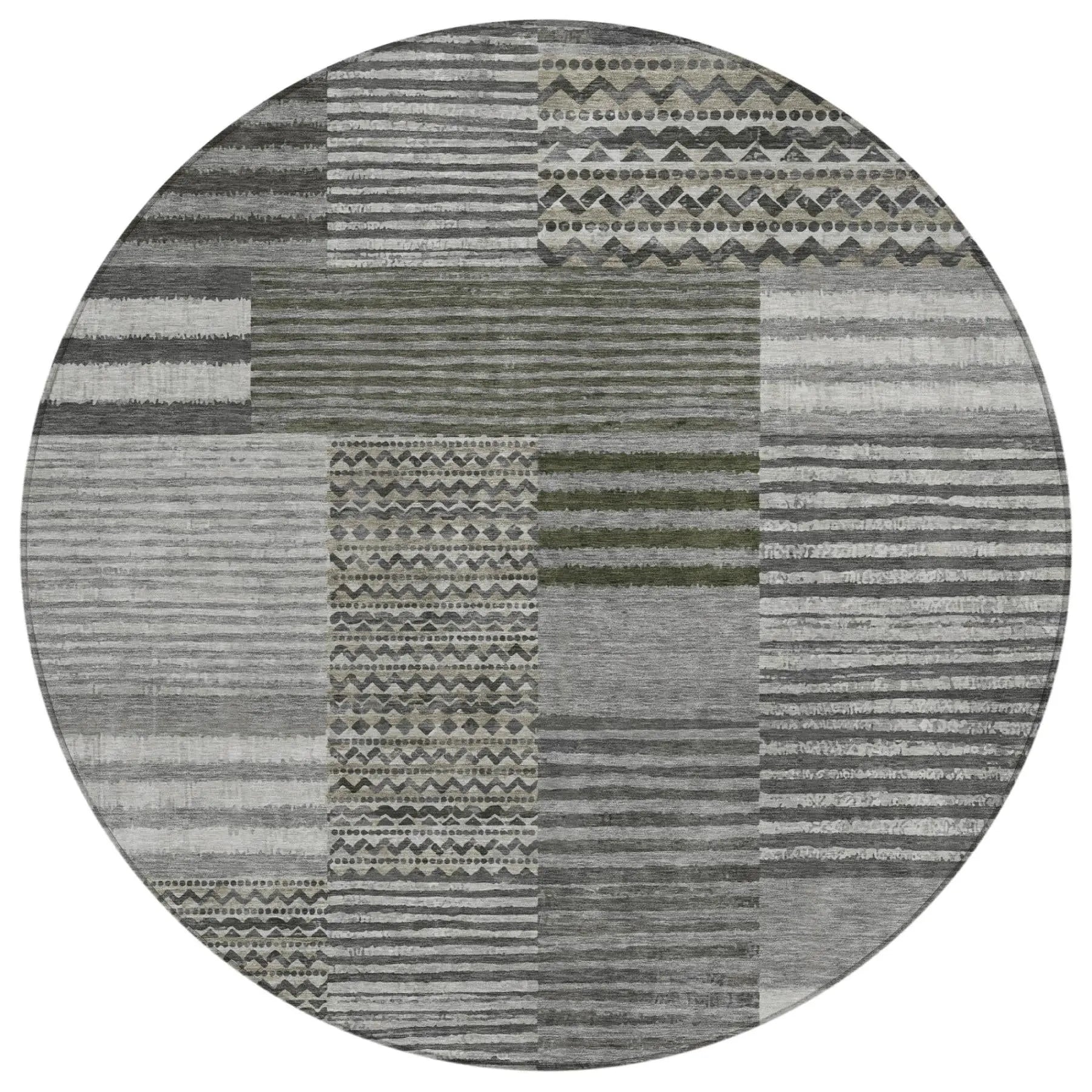8' Pewter And Gray Round Striped Washable Indoor Outdoor Area Rug Homeroots Outdoor