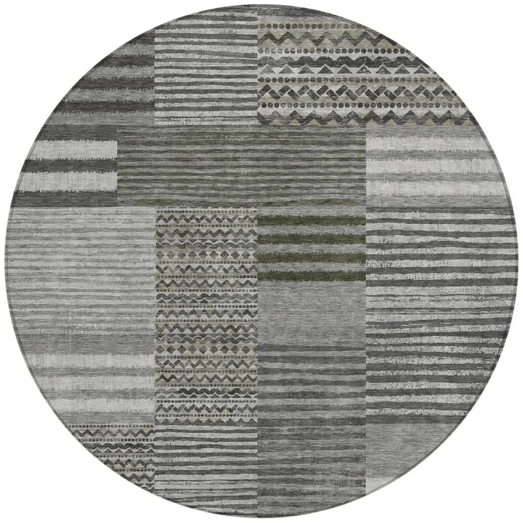 8' Pewter And Gray Round Striped Washable Indoor Outdoor Area Rug Homeroots Outdoor