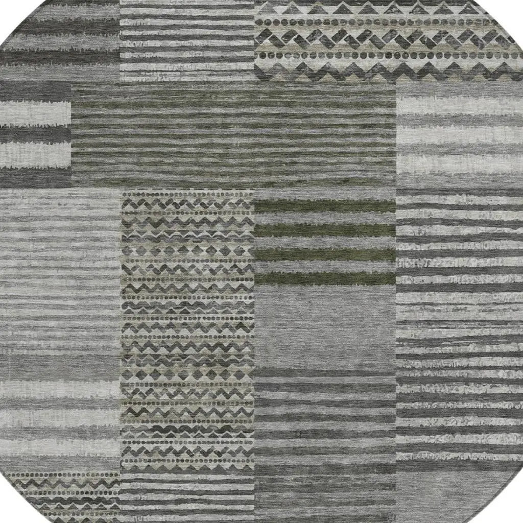 8' Pewter And Gray Round Striped Washable Indoor Outdoor Area Rug Homeroots Outdoor