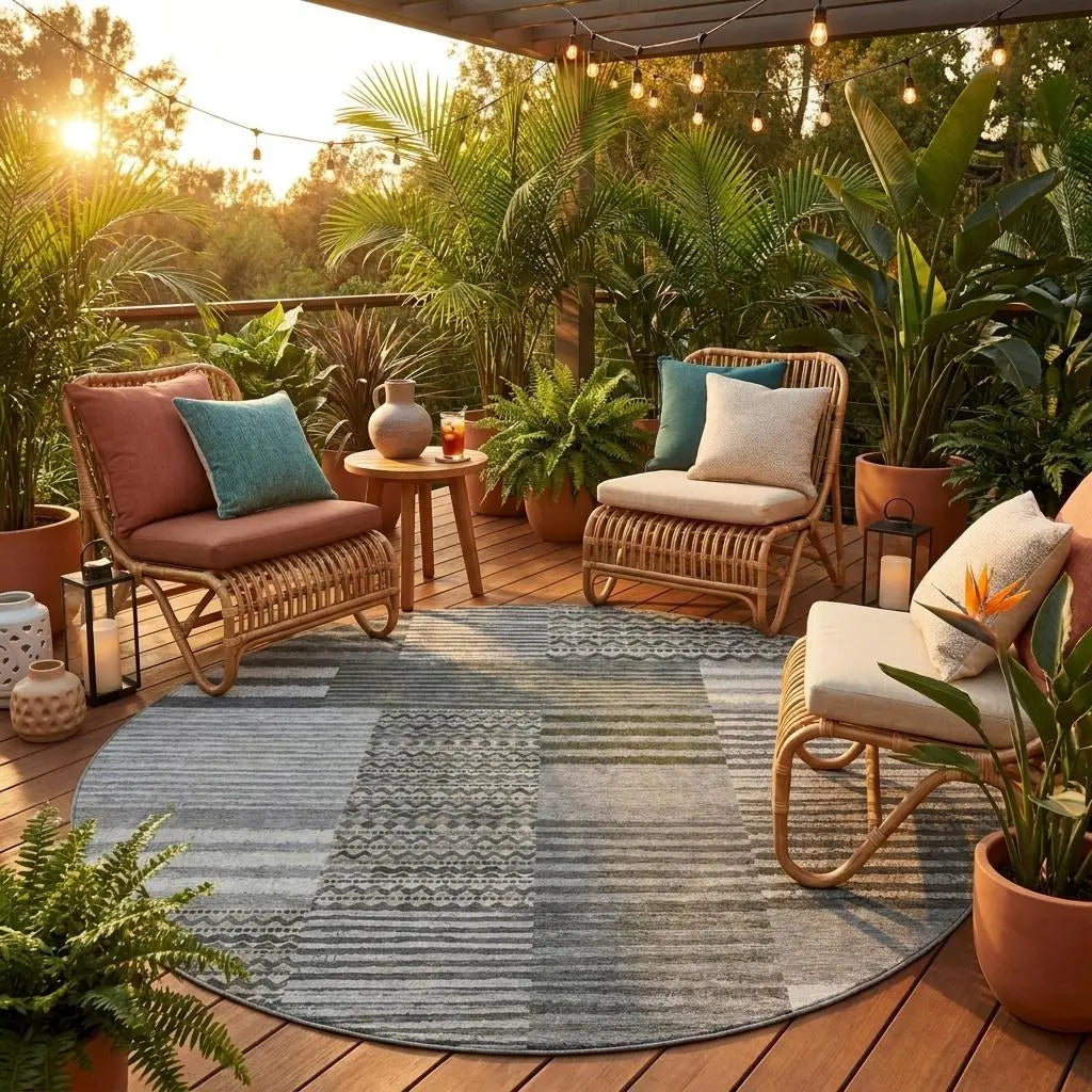 8' Pewter And Gray Round Striped Washable Indoor Outdoor Area Rug Homeroots Outdoor