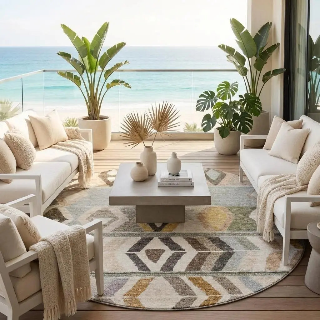 8' Pewter And Gray Round Tribal Washable Indoor Outdoor Area Rug Homeroots Outdoor