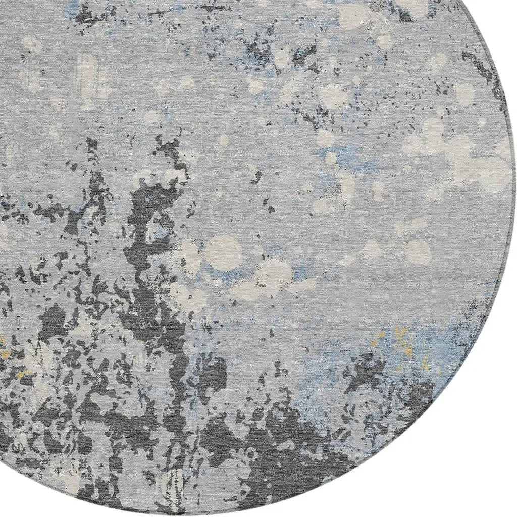 8' Pewter And Ivory Round Abstract Washable Indoor Outdoor Area Rug Homeroots Outdoor