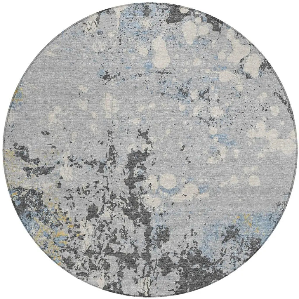 8' Pewter And Ivory Round Abstract Washable Indoor Outdoor Area Rug Homeroots Outdoor