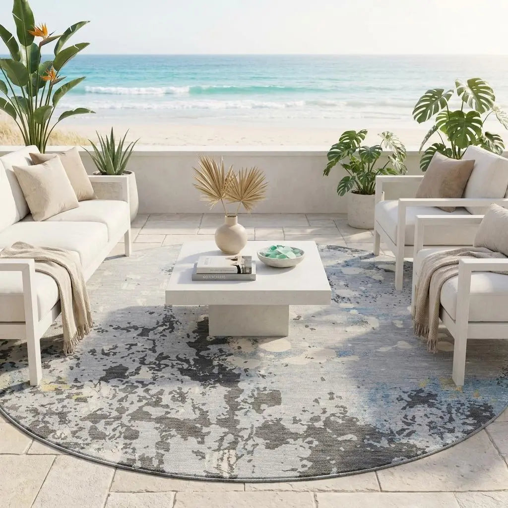 8' Pewter And Ivory Round Abstract Washable Indoor Outdoor Area Rug Homeroots Outdoor