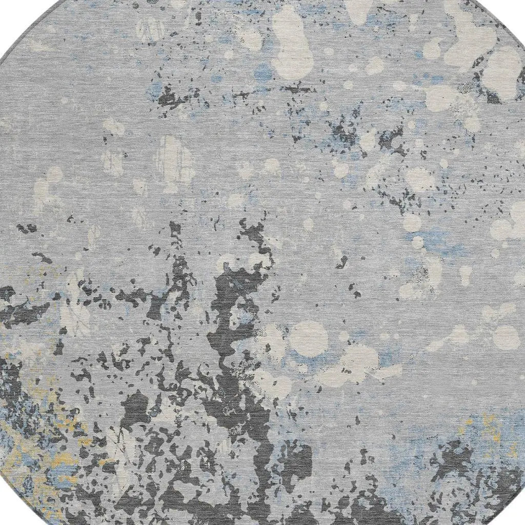 8' Pewter And Ivory Round Abstract Washable Indoor Outdoor Area Rug Homeroots Outdoor