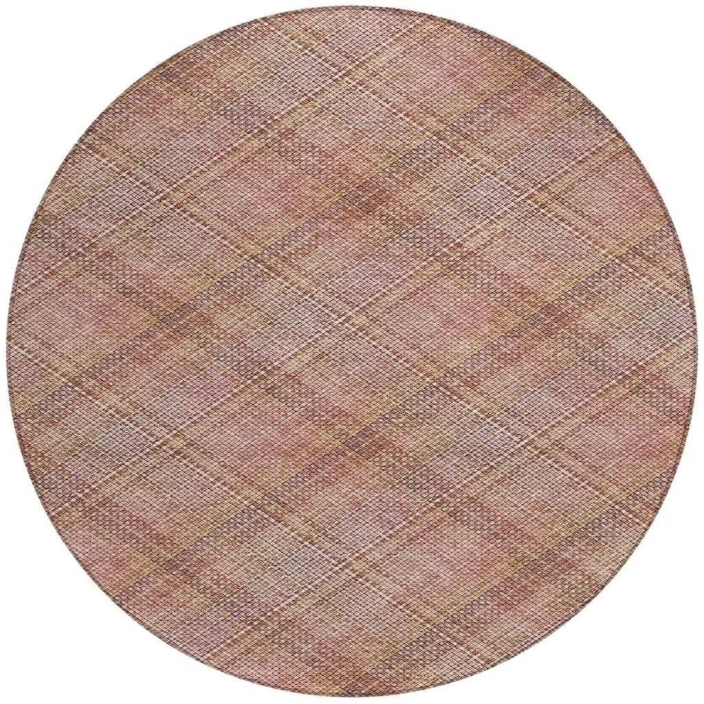 8' Pink And Beige Round Plaid Washable Indoor Outdoor Area Rug Homeroots Outdoor