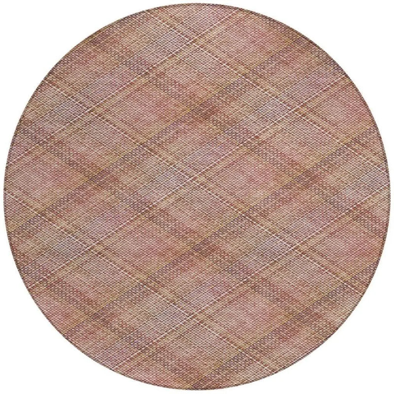 8' Pink And Beige Round Plaid Washable Indoor Outdoor Area Rug Homeroots Outdoor