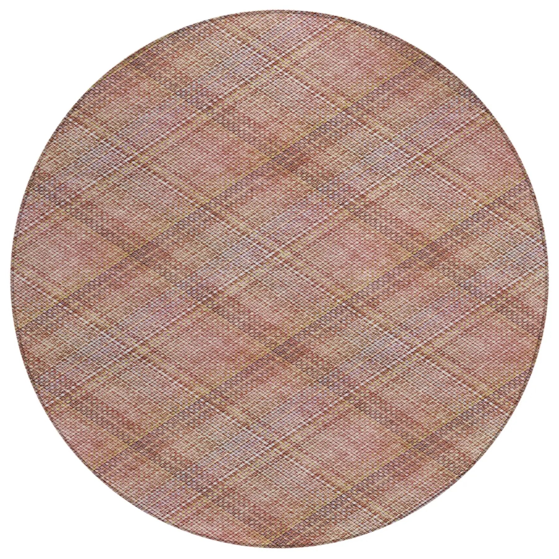 8' Pink And Beige Round Plaid Washable Indoor Outdoor Area Rug Homeroots Outdoor