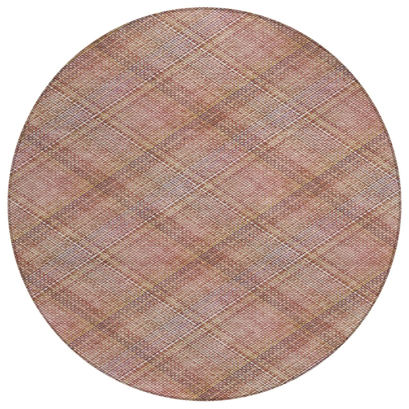 8' Pink And Beige Round Plaid Washable Indoor Outdoor Area Rug Homeroots Outdoor