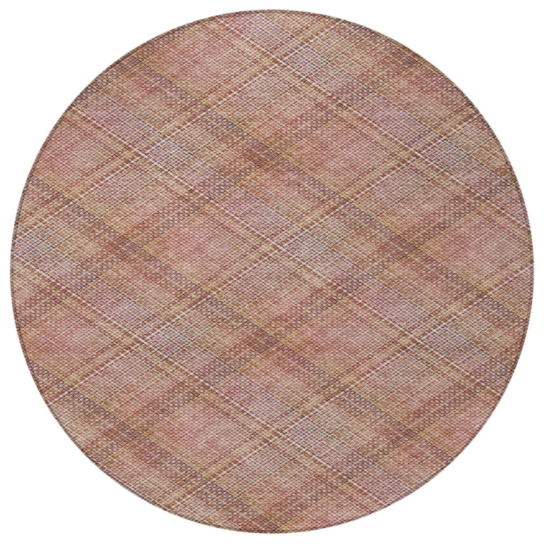 8' Pink And Beige Round Plaid Washable Indoor Outdoor Area Rug Homeroots Outdoor