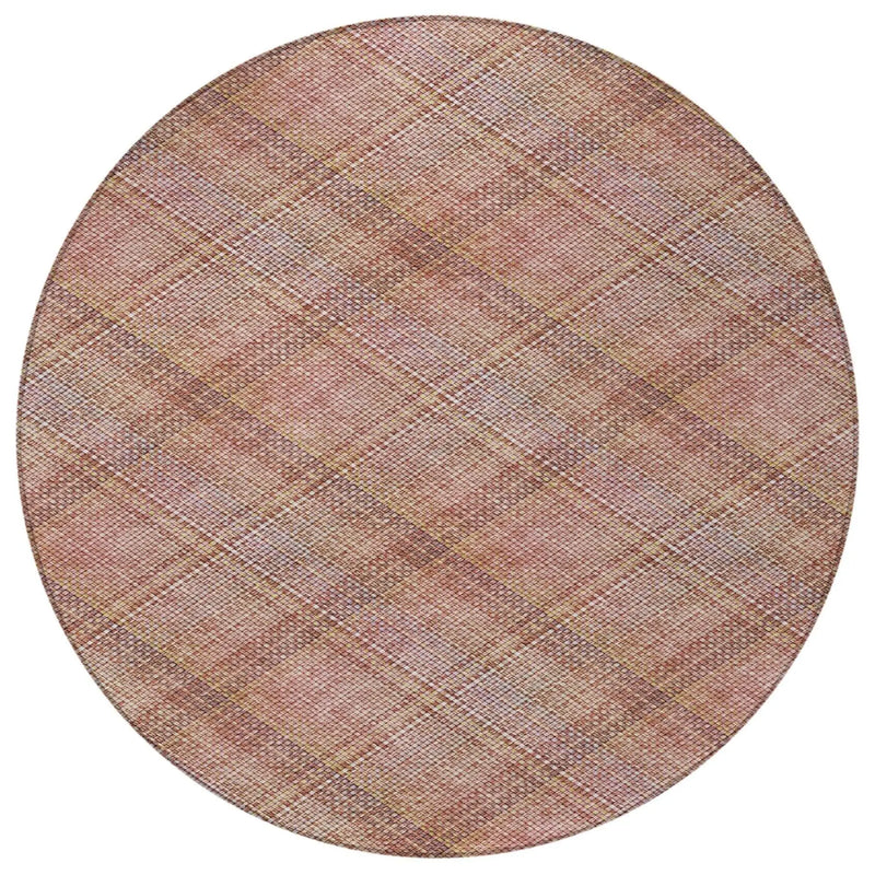 8' Pink And Beige Round Plaid Washable Indoor Outdoor Area Rug Homeroots Outdoor